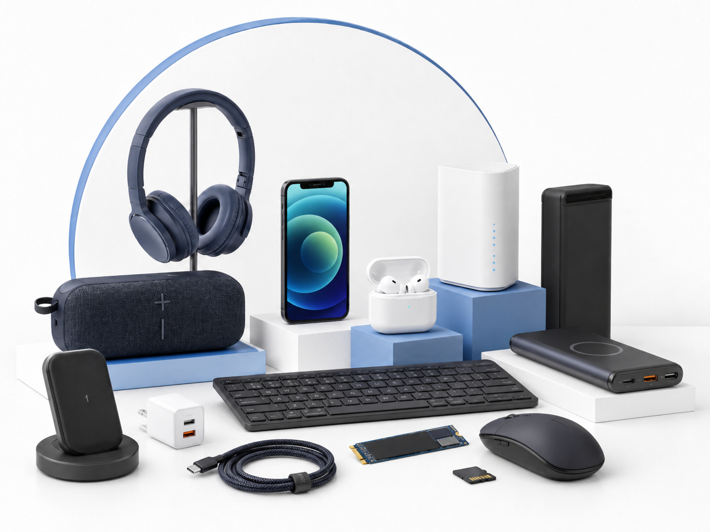 Câmeras, fones, utilitários, hardware, gadgets, carregadores e produtos tecnológicos